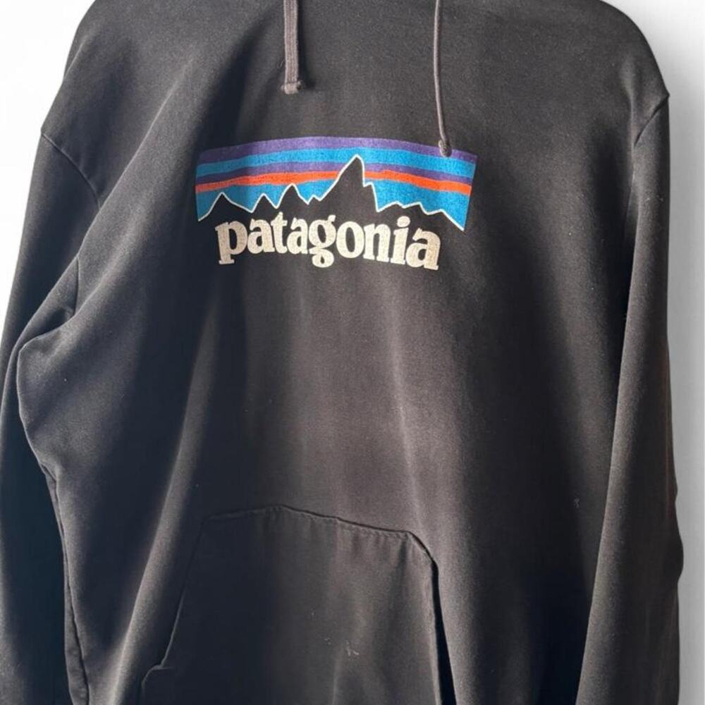 Patagonia P6 Logo Uprisal Hoodie Mens L Black Distressed Faded Pullover Gorpcore